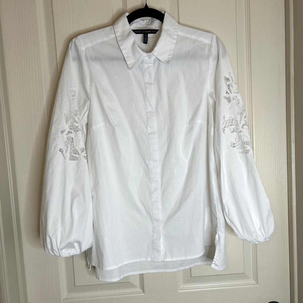 White House Black Market (WHBM) Lace Sleeve Poplin Shirt, Size 10